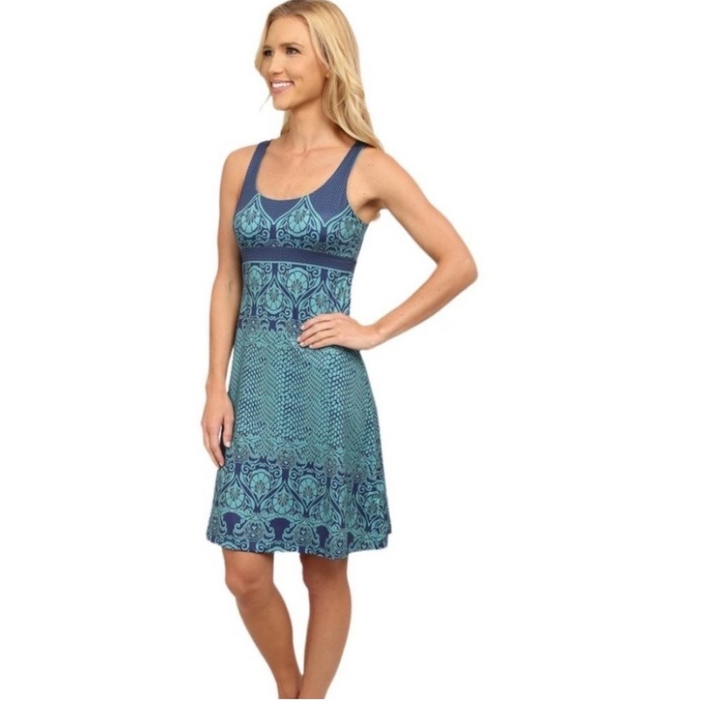 Prana Holly Dress Indigo Teal Damask Print Keyhole Back Active XL